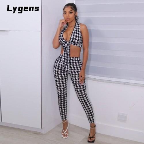 Lygens Houndstooth Print Women Bandage V Neck Crop Top Leggings Set Bodycon 2 Piece Streetwear Casual 2021 Summer Outfits