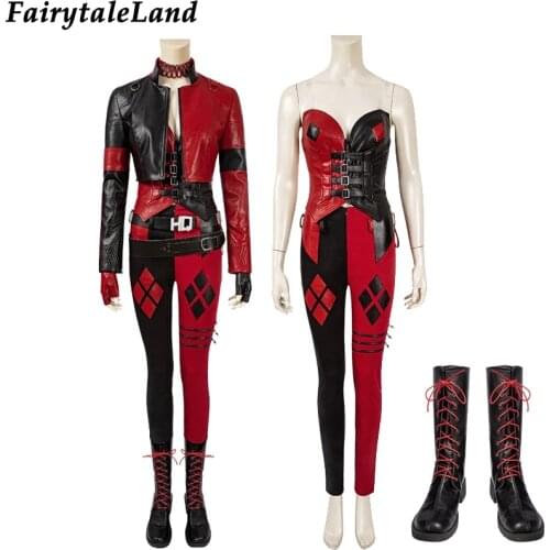Halloween Christmas Joker Cosplay Costume Sexy Bodice Women Stage Performance Party Outfit Black Red Faux Leather Punk Suit