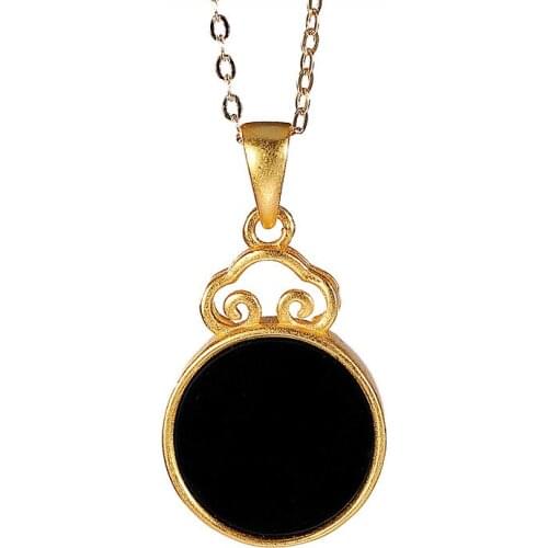 S925 sterling silver gold-plated natural Hetian dark jade pendant retro national trend Ruyi ladies clavicle chain pendant