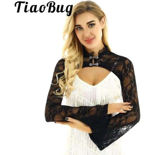 Womens Female Vintage Stand Collar Long Flared Sleeves See Through Sheer Lace Crop Top Form Fitting Shrugs Wedding Bridal Wraps