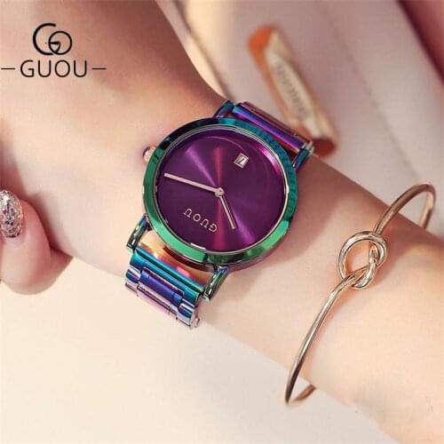 GUOU Luxury Womens Watches Stainless Steel Colorful straps Purple Women Watches Fashion Ladies watch reloj mujer zegarek damski