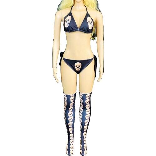 Black Skull Printing Two-Piece Suit Sexy Rave Bikini Suit Womens Party Clothing Halloween Ladies Costume Nightclub Costumes