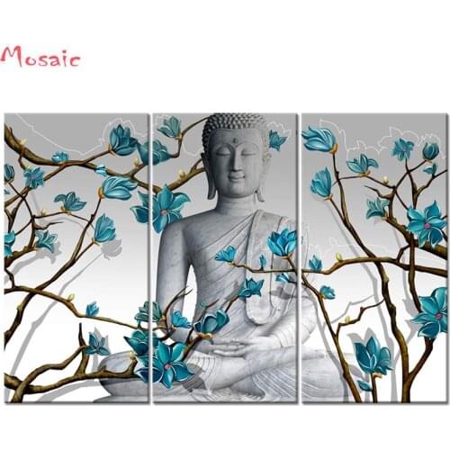 DIY Diamond Painting 3pcs Buddha Wall Art Buddha Statue with Abstract Blue Flowers Painting Cross Stitch Full Square/Round drill