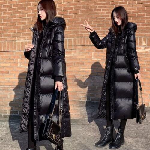 Long Down Cotton Coat Parka Female 2021 NEW Winter Black Cotton Jacket Glossy Hooded Cotton Padded Overcoat Manteau Femme Hiver