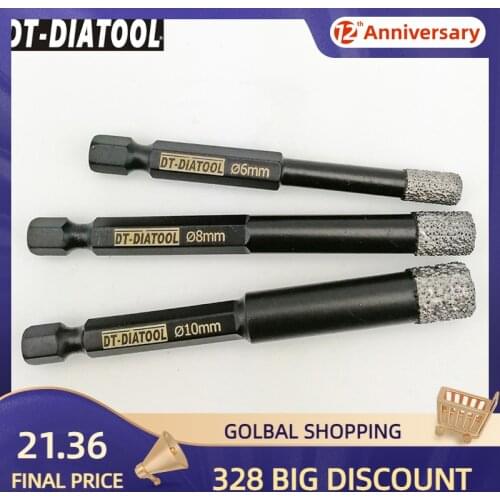 DT-DIATOOL 3pcs Diameter 6+8+10mm Quick-Fit Shank Dry Diamond Drilling Core Bits Drill Hole Saw For Drilling Granite Marble Tile