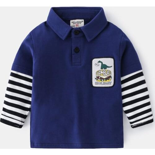 Striped Spliced Sleeve Boys Polo Shirts Cotton Spring Fall Kids Shirt Quality Tees Toddler Tops Childens Clothes