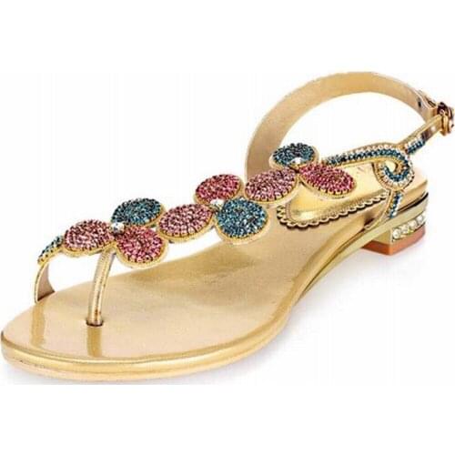Hot 2018 Brand Summer Style Women Gold Gladiator Sandals Rhinestones Shoes Woman Flat Beach Thong Sandals Flip Flops Sandalias