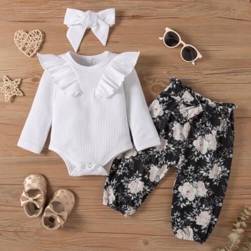 0-24M Baby Girl’s Clothes Set Solid Color Long Sleeve Ruffle Romper + Floral Long Pants with Headband 3Pcs Autumn Outfits
