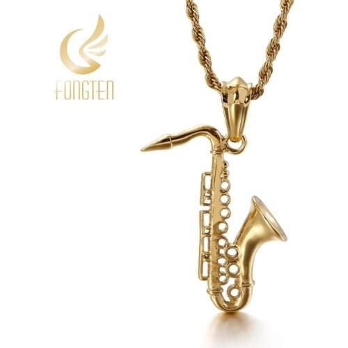 Fongten Mens Stainless Steel Microphone Trumpet Bugle Saxophone Musical Instruments Pendant Punk Pendant Necklace