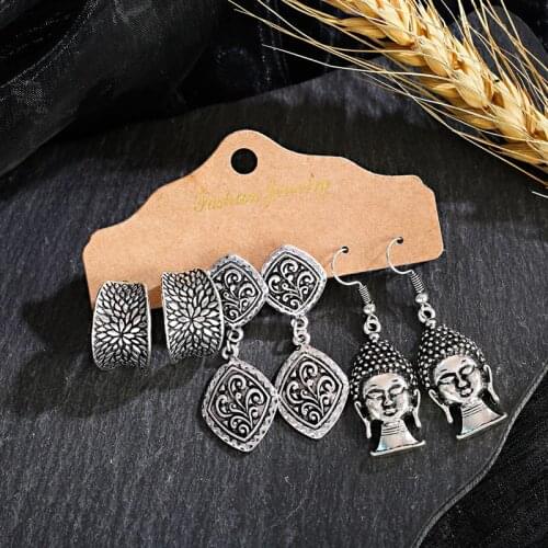 Womens Silver Color Carved Buddha Shape Earrings Set Ethnic Religion Alloy Drop Earrings Turkey Jewelry