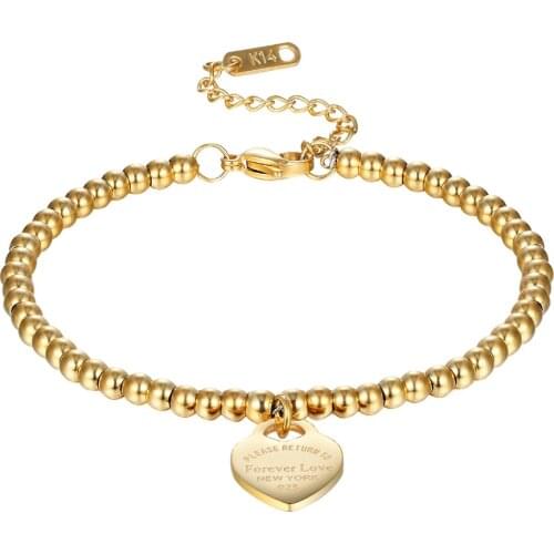 New Fashion Women Party Jewelry Lover Heart Pendant Rose Gold Color Stainless Steel Bracelet Bead Chain Woman Bracelets Bangles