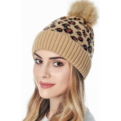 2021 autumn winter new leopard print wool knitted hat fashion warmth oversized hair ball fashion thick warm beanie hat pompom