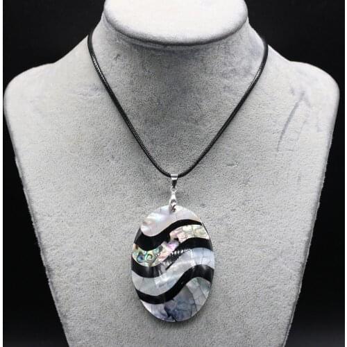 Natural Abalone Shell Pendant Splicing Stripe Shell Craft Necklace Charms Jewelry Leather Rope Oval Trendy Necklaces Women Gift