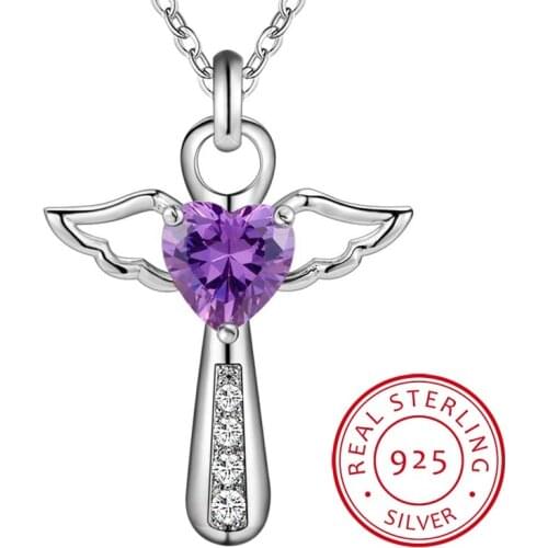 Genuine 925 Sterling Silver Jesus Cross Necklace Fine Jewelry Double Angel Wings Heart Zirconia Pendant Necklace Holiday Sale