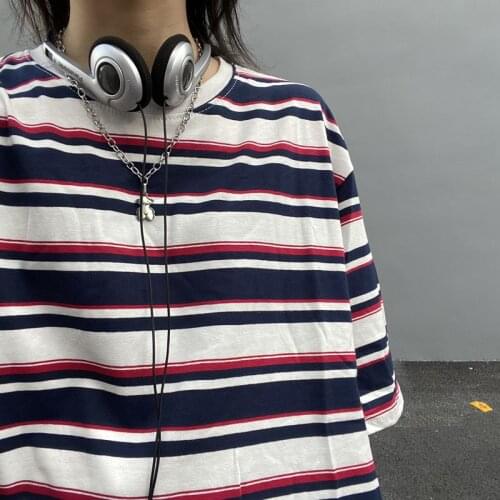 Harajuku Kopp Hip Hop Striped Short Sleeve T-Shirt Unisex Clothes Korean Cool Teen Blue Striped Top High Street Womens Clothing