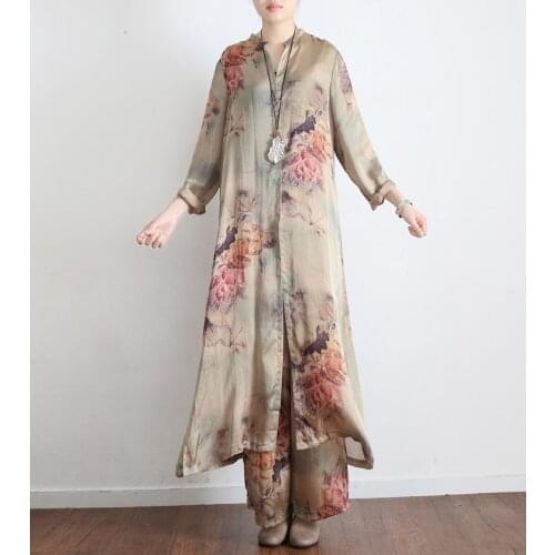 2021 Early Spring Autumn New Womens Loose Original Retro Printed Faux Silk Elegant Split Full Sleeve Shirt+Wide Leg Pants Female