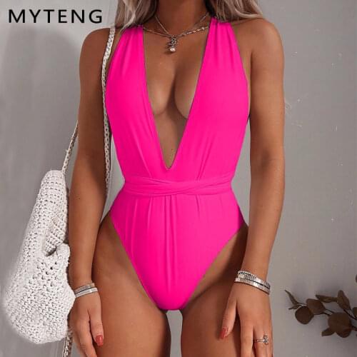 Sexy One Piece Swimsuit bikini 2020 Women Swimwear Push Up Swim Suit Bandage Bodysuit Neon pink Bathing Suit Beachwear Monokini