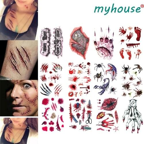Halloween Body Makeup Tattoo Stickers Realistic Non-toxic Long Lasting Face Tattoo Stickers Temporary Fake Tatto Body Art Decals
