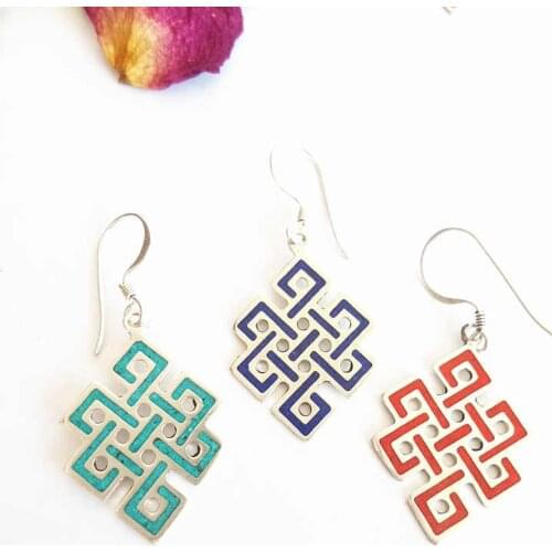 Tibetan Endless Knots Amulet Earrings Nepal Hand Jewelry Copper Inlaid Stone Multi Colors E125