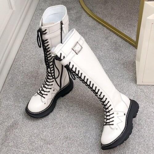 Vintage Retro Square Heels Martin Boots Brand Design Leather Women Shoes New Fashion Knee-Length Female Boots