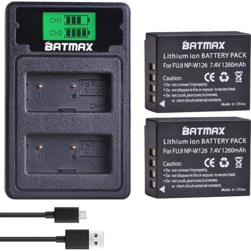 2Pcs NP-W126 Battery+LCD Dual USB Charger&Type C Port for Fujifilm FinePix HS30EXR HS33EXR X-Pro1 X-E1 X-E2 X-M1 X-A1 X-A2 X-T20