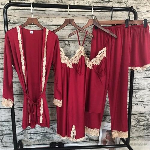 Women Summer Silk 5 Pieces Robe Sets Embroidery Sleep Dressing Set Satin Kimono Sexy Plus Size Nightgowns Sleepshirts Pyjama Set