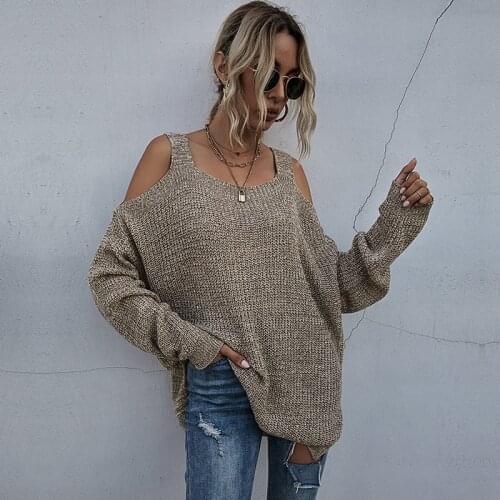 Solid Khaki Off Shoulder Women Sweater 2021 Fashion Lady Pullover Loose Batwing-sleeve Kintted Sweaters Square-collar Knit Top
