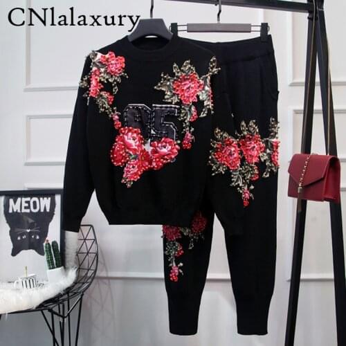 2020 Autumn Women Beaded Floral Knitted Two Piece Set Casual Sportsuit O Neck Long Sleeve Pullover Sweater Pants Set Tracksuit