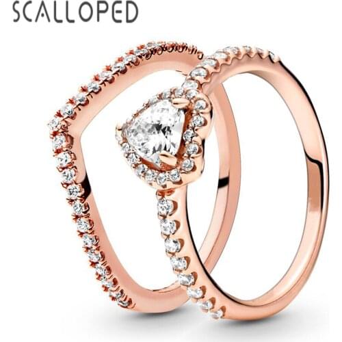 SCALLOPED Trendy Elevated Heart Engagement Rings Set Sparkling Zircon Wishbone Brand Design Women Wedding Band Statement Jewelry