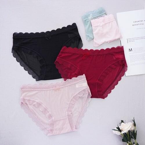 2021 Hot Sexy Lace Transparent Underwear Women Crotch Cotton Briefs with Bow Low-waist Hollow Out Panties Sexy Female Lingerie