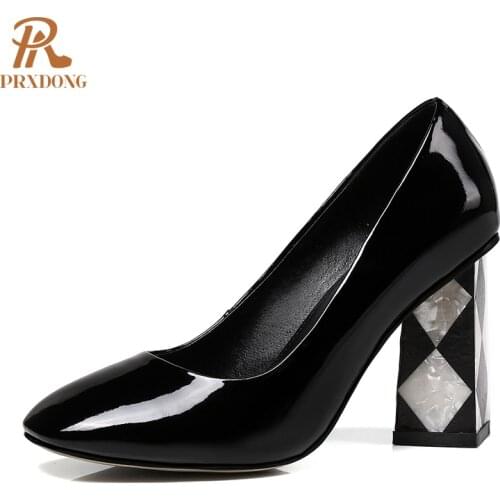 2021 New Autumn Genuine Leather Woman Pumps Fashion Square Toe High Heels Black Red Dress Party Office Ladies Shoes Pumps 34-43