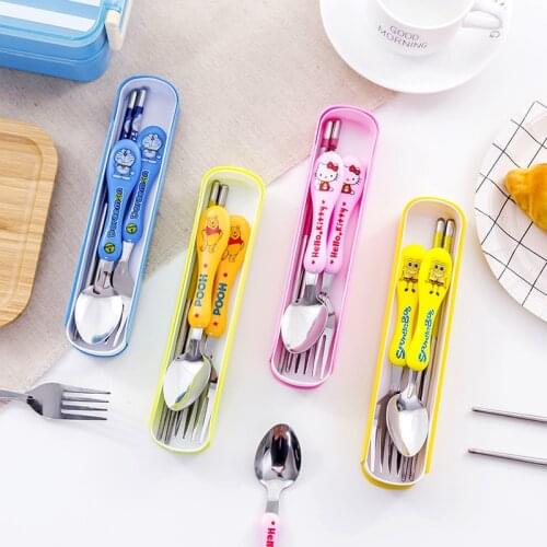3PCS/Set Kawaii Cute Cat Stainless Steel Dinnerware Kitchen Supplies Chopsticks Utensil Flatware Spoon Fork For Kids Children 1