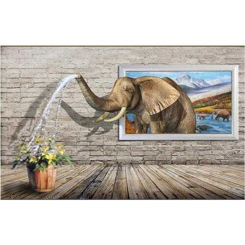 3d wall murals wallpaper for living room Elephant sprays water on the brick wall home decor photo wallpaper for walls 3 d