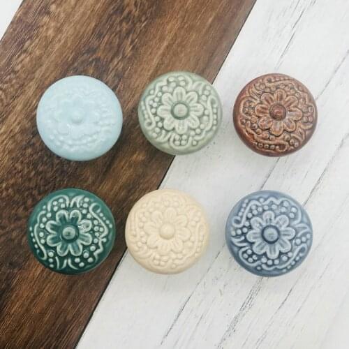 6PCS Cabinet Handles Ceramic Dresser Drawer Knobs Pulls Door Handle Multi-color kid room Decor blossom Relief Kitchen Pulls Knob