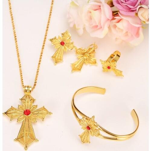 Bangrui Ethiopian Jewelry crystal Sets Necklaces/Clip Earrings/Ring/Bangle Gold Color Africa Bride Wedding Habesha Eritrea Gift