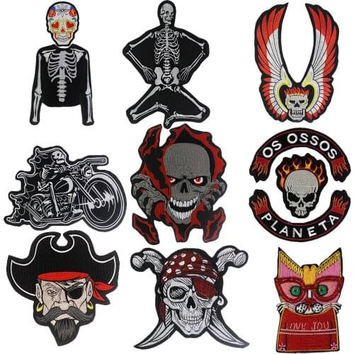 Big Punk Skeleton Fire Skull Patch Iron on Clothes Jacket Jeans Biker Back Badge Embroidery Applique Sewing Indian Silk Cat 1pc