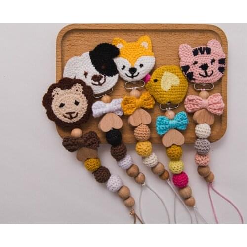 Baby Pacifier Clip Chain Crochet Beads Wooden Holder Cartoon Pacifier Clips Nipple Holder for Infant Nipple Bottle Clip Chain