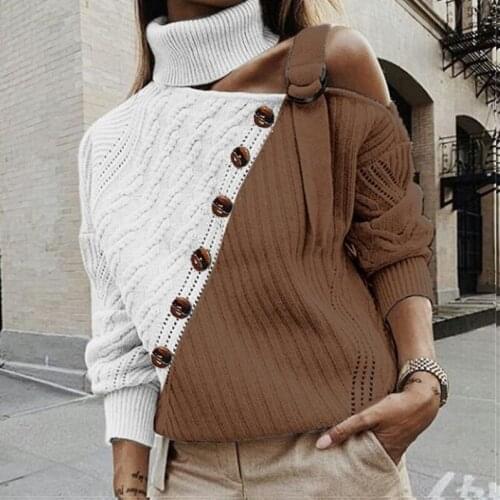 Fashion Button Turtleneck Knitted Sweaters Women Jumper Autumn Winter Strap Pullover Long Sleeve One Shoulder Knitwear Female