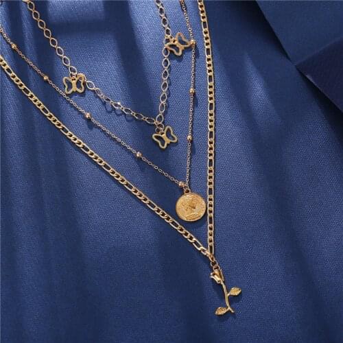 Europe Style Multi-Layer Gold Chain Necklace for Women 2021 Fashion Butterfly Round Portrait Rose Pendant Necklace Jewelry