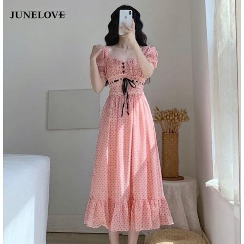 JuneLove 2021 Summer Short Sleeve Beach Dress Women Elegant Vintage Dot Print Midi Dress Square Collar Party Dress Korean Chic