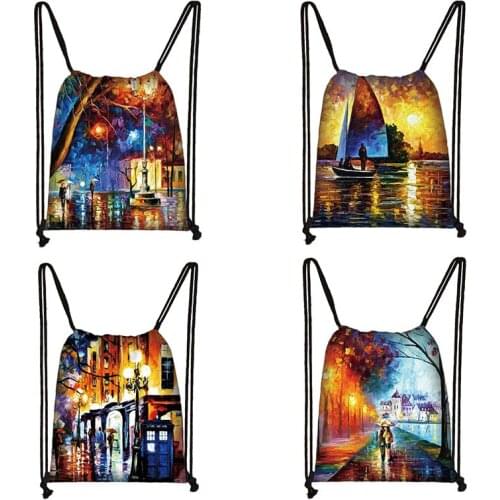 Oil Painting Landscape Print Drawstring Bag Women Satin Bags Drawstring Softback Backpack Ladies Storage Bags For Travel Bookbag