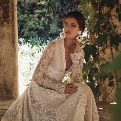 Long sleeve Lace Wedding Dresses A Line V-Neck Bridal Gowns Elegant France Lace Vestido De Noivas DW239