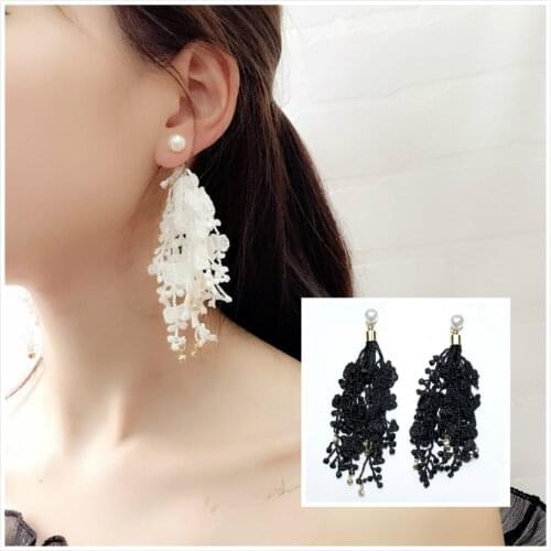 Lace Drop Earrings Crystal Fashion Jewelry boucle d'oreille Long Tassel Simulated Pearls Earring Women Dangle Brincos