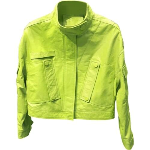 Lautaro Autumn Short Lemon Yellow Leather Jacket Women Zipper Pockets Long Sleeve Colored Harajuku Y2k Clothes Street Style 2021