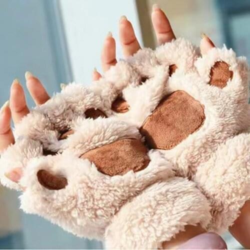 2021 Fashion Girls Lovely Cat Claw Paw Plush Mittens Warm Soft Plush Short Fingerless Leisure Bear Cat Gloves Half Finger Gift