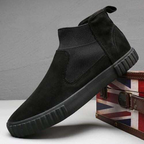 Male Casual Shoes Breathable black gray Sneakers Leather flats shoes Mens Moccasins Casual high top slip on suede Shoes A22-02
