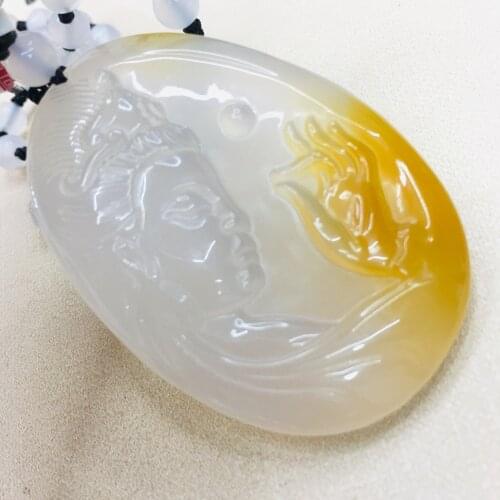 Natural Brazilian ice bottom chalcedony jade carving emperor two-color Guanyin head pendant with chalcedony beads necklace sweat