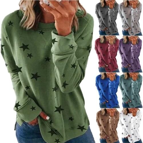 New Long-sleeve O-neck Cotton Top Large Size Casual Print Clothes Five Star Pattern Cute Loose Tunic Thin Fashion Pullovers 2021