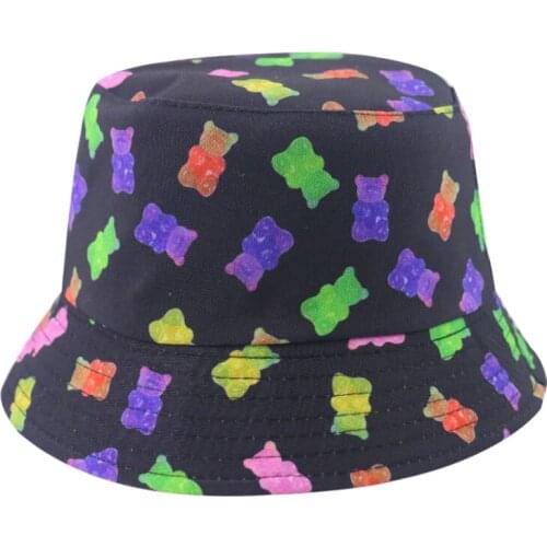New Men Reversible Cartoon Bear Print Bucket Hats Women Fisherman Hats Cap Summer