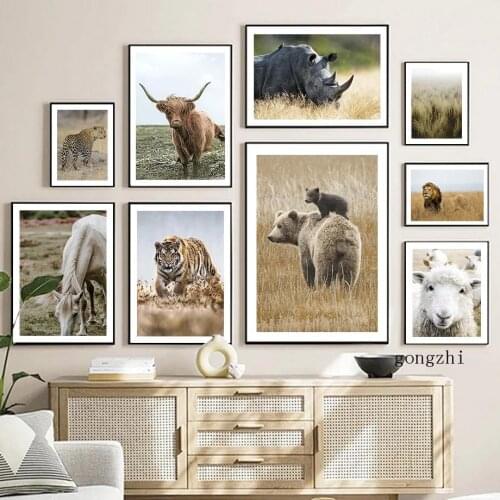 Lion Tiger Horse Bear Cattle Sheep Barley Nordic Posters Wild Animal Canvas Painting Prints Wall Art Pictures Living Room Decor